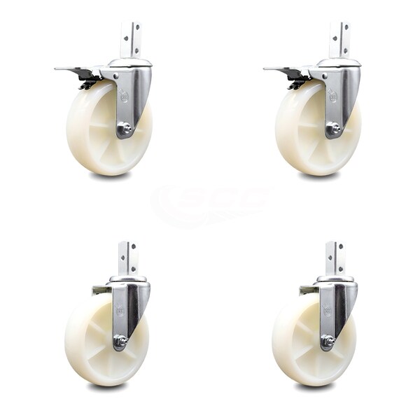 5 Inch Nylon Wheel Swivel 7/8 Inch Square Stem Caster Total Lock Brakes, 2PK